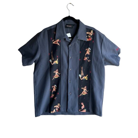Steady Last Call Other - Vintage Steady Last Call Men's Shirt M Short Sleeve Gray Button Pinup Girls